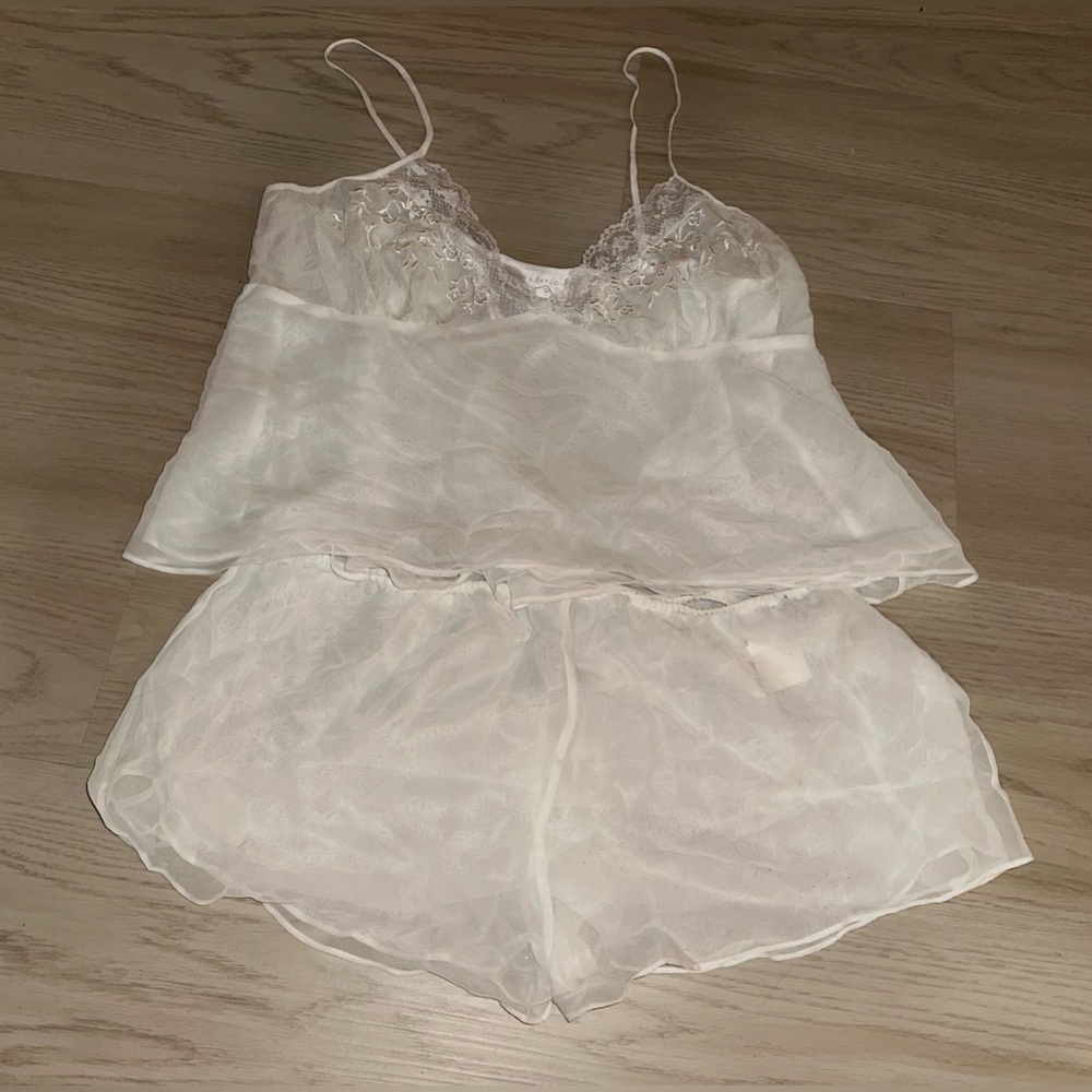 Vintage Lord & Taylor XL Sheer Chiffon White Floral Trim Camisole & Shorts Set